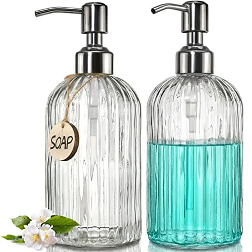 JASAI 2PACK 18 Oz Glass Soap Dispenser with Rust Proof Stainless Steel Pump, Refillable Hand Soap Dispenser with Vertical Stripe, Premium Bathroom soap Dispenser for Kitchen & Bathroom