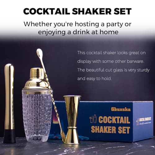 Gbuxska Gold Cocktail Shaker Set - Glass Cocktail Shaker with Strainer - Martini Shaker Set -Matching Cocktail Jigger & Bar Spoon with Muddler – Bartender Kit for Home Bar 5
