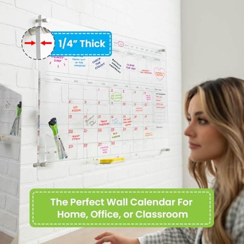 Acrylic Calendar for Wall - 24x18” Wall Calendar, Dry Erase Calender, Clear Calendar for Wall, Includes Magnetic Pen, Tray Holders, 4 Markers and 1 Eraser 6