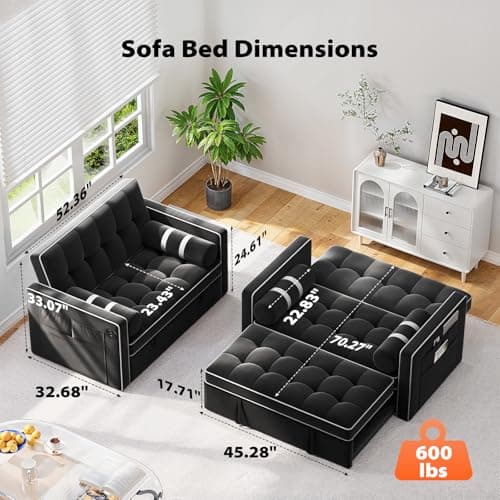 Pipishell 3 in 1 Convertible Sleeper Sofa Bed,Pull Out Couch for Living Room with USB Ports & Side Pockets,Adjustable Backrest,Velvet,Loveseat Sofa Bed,Futon Couches,Black 7