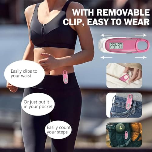 3D Pedometer for Walking with Removable Clip and Carabiner Simple Step Counter for Walking Accurate Clip On Step Tracker for Men Women Kids (Pink) 2