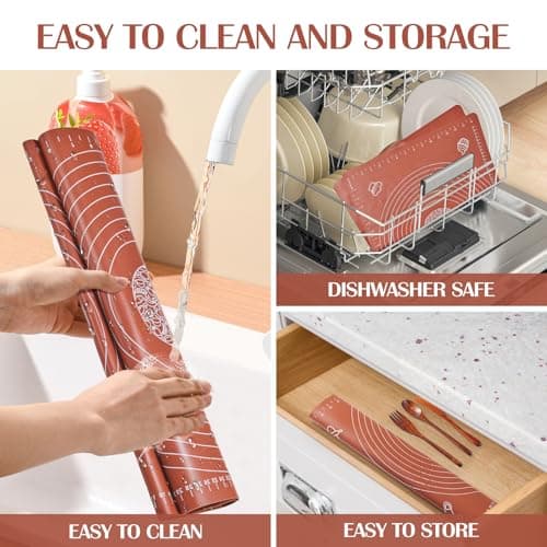 6PCS Silicone Baking Mat Set, Pastry Mat with Measurements Wooden Rolling Pin/Knife/Fork/Spoon/Scraper, Pasta Cutter,Non-slip Silicone Mat, Non-Stick Dough Mat for Counter,Kneading Mat Set,20"*16" 7