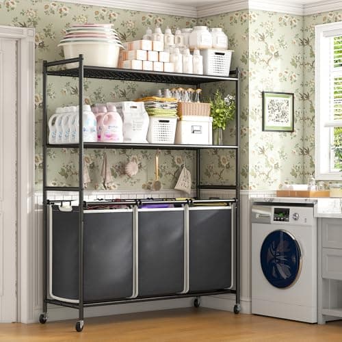 Raybee Laundry Sorter 3 Section Rolling Hamper Cart with Shelf 225L Large Basket Organizer Compartment Hampers for Room Organization and Storage Lockable Wheels, Black, W19R 7