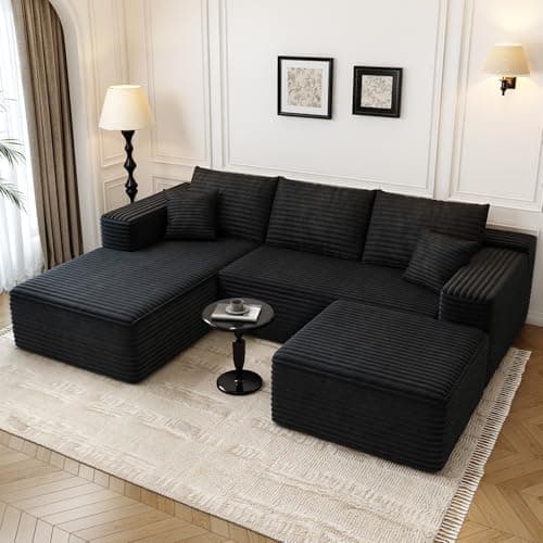 107.5" Cloud Modular Sectional Sofa with 1 Ottoman,Modern Minimalist Upholstered Couches, Comfort U Shaped Sofa for Living Room,Deep Seat Corner Couch，No Assembly Required (Black,Left Facing Chaise)