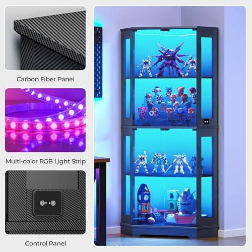 IRONCK 71 Inch Carbon Fiber Corner Glass Display Cabinet with Human Body Sensor & 6-Color LED Lights, 4-Tier Tempered Glass Display Case with 2 Adjustable Shelves for Collectibles, Toys, Black 8
