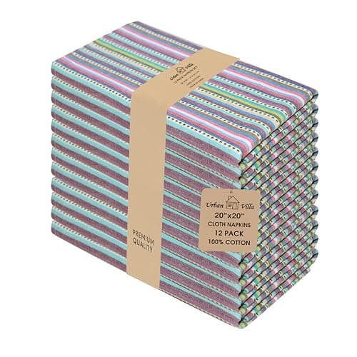 Urban Villa Cloth Napkins Set of 12 20x20 Inches 100% Cotton Napkins Cloth Washable Durable Reusable Absorbent Table Dinner Napkins Cloth for Hotel Lunch Restaurant Weddings Parties – Blue Stripes