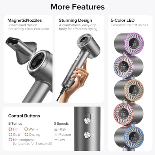 Hair Dryer, 150000 RPM Brushless Motor with 500M Negative Ions, Fast-Dry Lightweight Design, ThermoControl & Magnetic Nozzle/Diffuser, Low Noise Salon Blow Dryer for All Hair, Travel, Home 7
