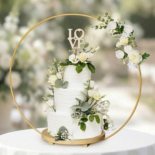 Wedding Cake Stand 16 Inch Round - Rustic Wooden Base Cake Display Stand with Gold Metal Floral Centerpiece, Cake Table for 3 Tiered Cake, Desserts Stand for Party, Cupcakes Stands for Dessert Display, Screws Included