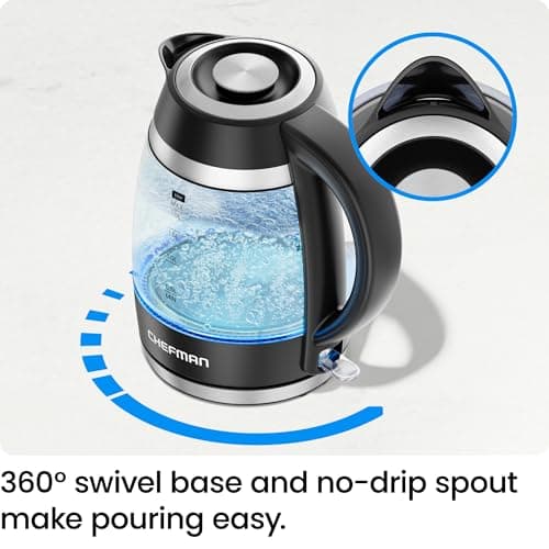 Chefman Electric Kettle, 1.8L 1500W, Hot Water Boiler, Removable Lid for Easy Cleaning, Auto Shut Off, Boil-Dry Protection, Stainless Steel Filter, BPA Free, Borosilicate Glass Electric Tea Kettle 6