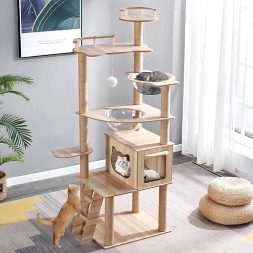 Oceskyha Cat Tree, Modern Cat Tree Tower for Indoor Cats - 67"" Tall Wooden Condo with Hammock, Scratching Post and Toy for Large Cats ，Pet Home(Style B12X)