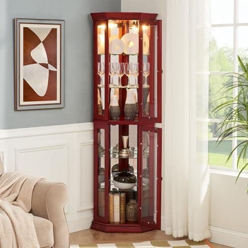 CKEASEAN Corner Curio Cabinet with Light Bulb, Tempered Glass Doors, Floor Standing Glass Display Cage with 6 Tempered Glass Shelves, Wine Cabinet Storage Rack for Bar and Liquor Storage (Cherry) 8