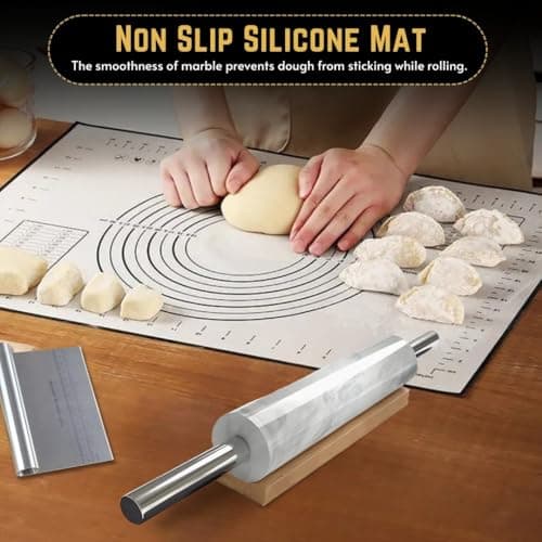 Ashadol Emarket Marble Rolling Pin Set for Baking - Includes Silicone Mat, Steel Scraper, and Wooden Cradle - Perfect for Bread, Cookies, Pizza - Ideal Gift for Bakers 5