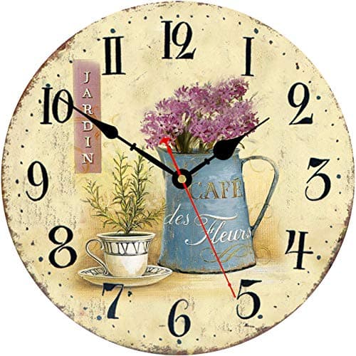 Toudorp 8 Inch Wall Clock Floral French Vintage Wooden Wall Clock Silent Non-Ticking Battery Operated Arabic Numerals Wall Clocks Decorative for Kitchen, Office, Classroom - Cafe and Flowers