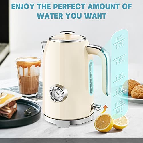 SUSTEAS Electric Kettle - 57oz Hot Tea Kettle Water Boiler with Thermometer, 1500W Fast Heating Stainless Steel Tea Pot, Cordless with LED Indicator, Auto Shut-Off & Boil Dry Protection, Beige 6