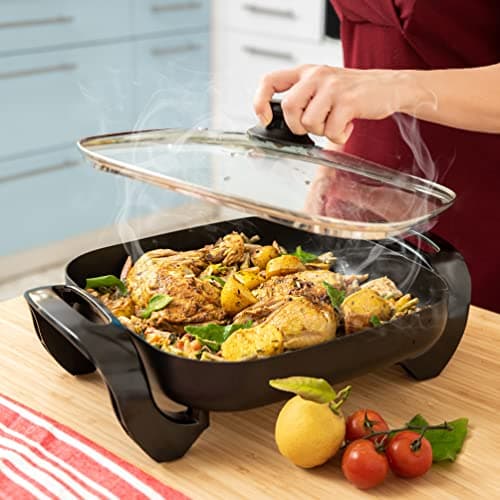 Moss & Stone Square Nonstick Electric Skillet With Lid, Aluminum 12x12 Inch Electric Frying Pan 5Qt, Nonstick Cooking Surface, Adjustable Temperature Control, Vented Glass Lid, Heat-Resistant Handle 5