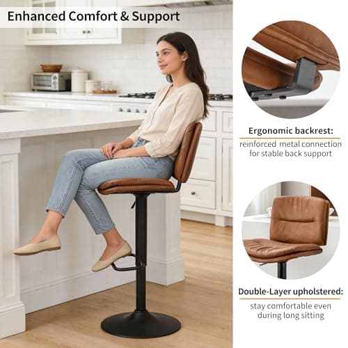 FIRAVOE Swivel Bar Stools Set of 2, Double-Layer Upholstered Counter Height Bar Stools with Back, Adjustable Bar Stool 24"-32", Faux Leather Barstools for Kitchen Island (Brown, 2PCS (24"-32")) 4