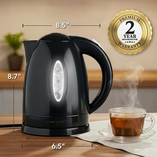 OVENTE Electric Kettle, 1.7L Fast Boiling Water Heater for Coffee or Tea, BPA Free with Water Level Gauge, Auto Shut-Off, Boil-Dry Protection, Indicator Light and Removable Filter, Black KP72B 9
