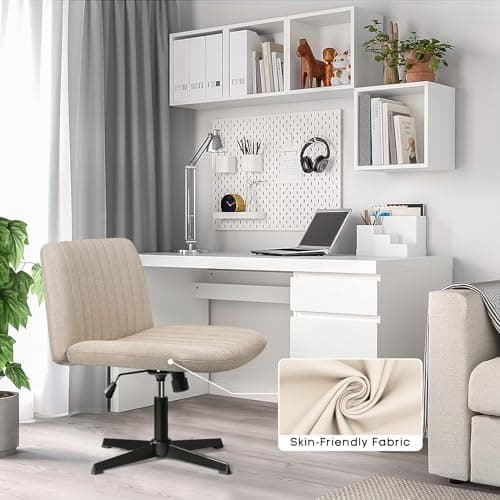 PUKAMI Criss Cross Chair,Comfy Cross Legged Office Desk Chair No Wheels,Modern Fabric Swivel Adjustable Height Mid Back Wide Seat for Home Office Computer Makeup Vanity Task(Beige) 8