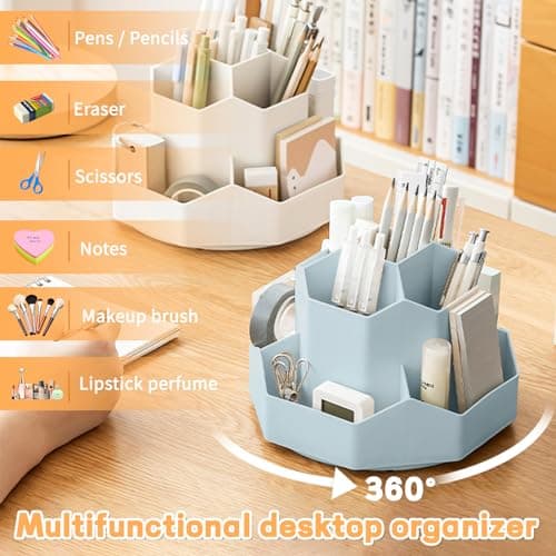 Cayxenful Pencil Pen Holder for Desk,9 Slots 360 Degree Rotating Desk Organizers,Desktop Storage Stationery Supplies Organizer, Cute Pencil Cup Pot For Office, School, Home(Blue) 5