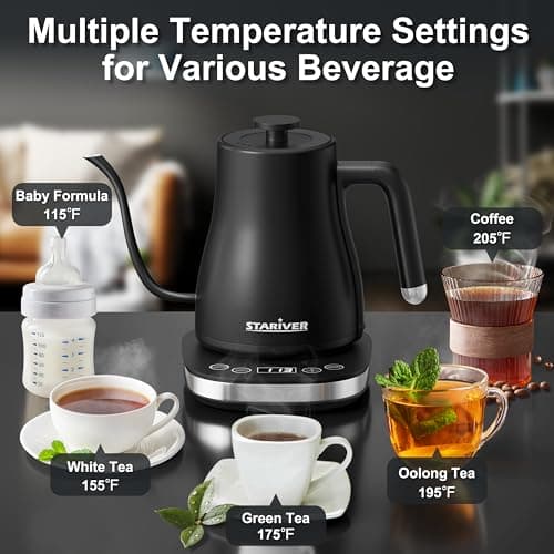 Stariver Gooseneck Electric Kettle with 5 Temperature Control Presets, Pour Over Coffee Kettle ±2℉ Temp Control, 1.2L Gooseneck Kettle, for Tea& Coffee, Stainless Steel Interior, 1000W, Black 5