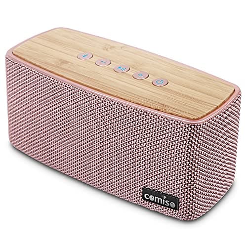 comiso Bluetooth Speakers, Portable Speaker 5.0 with 20W Stereo Sound, Wireless Stereo Pairing, Wood Bluetooth Audio with Subwoofer, 24H Playtime, Hands-Free, Great for Office, Home, Outdoor(Pink)
