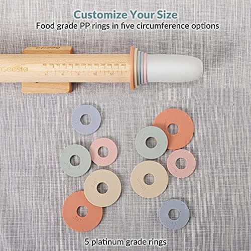 Geesta Adjustable Wood Rolling Pin with 5 Thickness Rings, Precise Dough Roller Handle Press Design with Measurement Guide for Fondant, Pizza, Pie Crust, Cookie, Pastry Baking Decorating Accessories 8