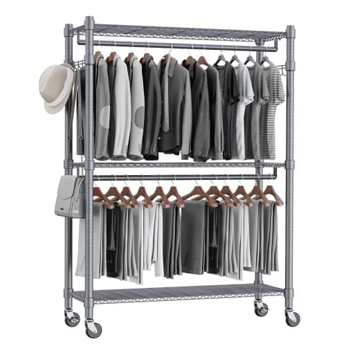 Homdox Rolling Clothes Rack Heavy Duty, 3-Tier Adjustable Wire Shelving Garment Organizer with Double Rods & Hooks, Portable Clothes Rack with Wheels, 17.72" D x 47.24" W x 80.71" H, Grey