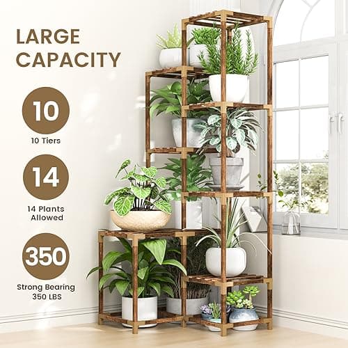 HOMKIRT 10 Tier Tall Corner Plant Stand Shelf Indoor Outdoor, Large Wood Plant Rack Holder Ladder Flower Stand Display for Living Room Patio Porch Garden Window 3