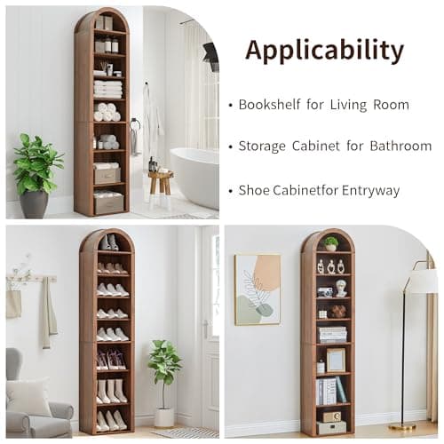 Tall Narrow Arched Bookshelf, 8-Tier Skinny Arch Bookcase for Small Space, Freestanding Storage Organizer with Adjustable Shelves, Open Display Shelves for Living Room, Entryway (Walnut) 6