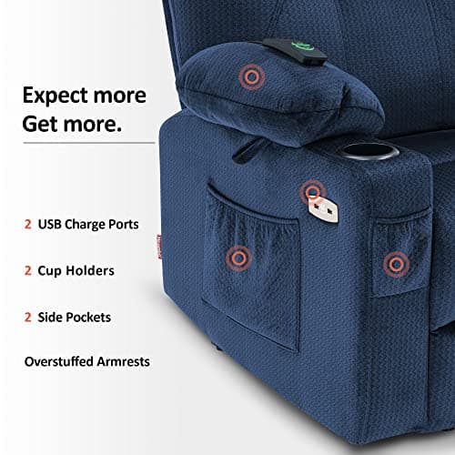 MCombo Small Power Lift Recliner Chair Sofa with Massage and Heat for Petite Elderly, 3 Positions, Cup Holders, and USB Ports, Extended Footrest, Fabric 7141 (Navy Blue) 7
