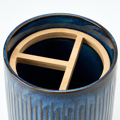 JIEMEI HOME Kitchen Utensil Holder, 7.2" Large Ceramic Stable Utensil Crock for Kitchen Counter, Utensil Holder with Cork Mat, Removable Bamboo Divider for Easy, Kitchen Decor, Special Reactive Navy 6