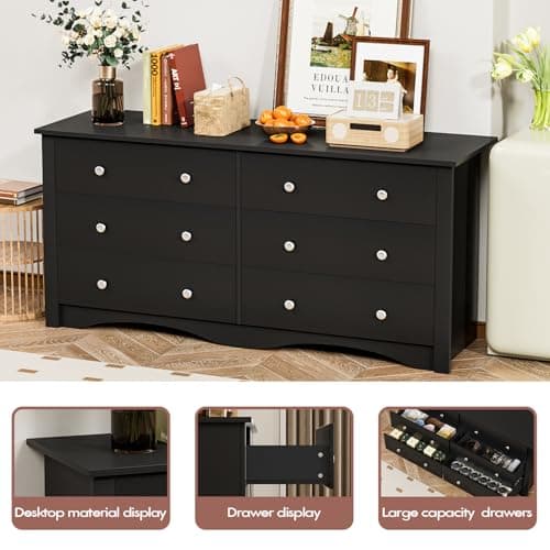 Shahoo Wood Dresser for Bedroom, Wide Chest of Drawers with 6 Drawers,Storage Tower Unit, Modern Closet Store Organizer for Living Room, Hallway (Black) 5