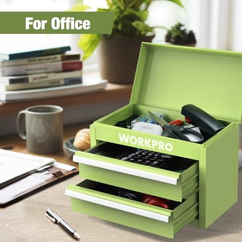 WORKPRO Mini Metal Tool Box with 2 Drawers and Top Storage, Small Tool Chest with PVC Liners and PP Feet Pads, Cold Rolled Steel Toolbox with Magnetic Tab 7