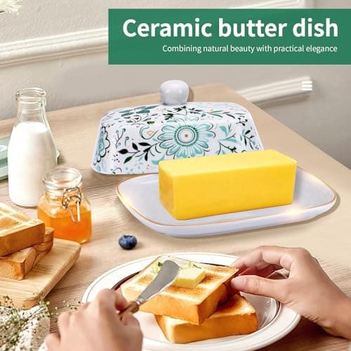 Butter Dish With Lid For Countertop-Ceramic Butter Dish with Knob Handle-Dishwasher Safe Butter Keeper&Serving Tray,Large Storage Keeper Holder for Kitchen-Elegant Gift for Women,Mothers,Housewarming 6