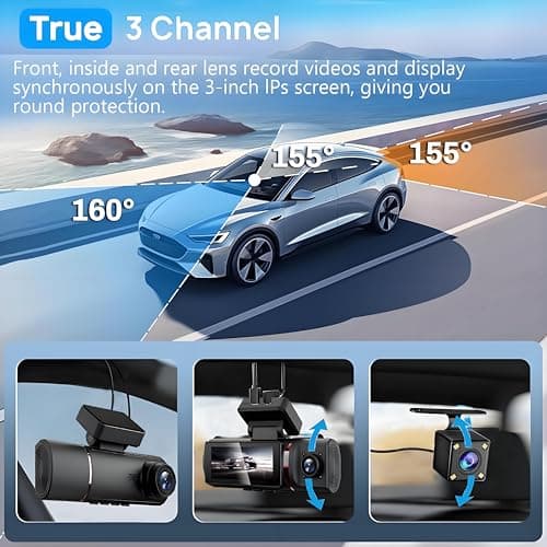 3 Channel 4K Dash Cam Front, 1080P Dash Camera Rear and Inside for Cars with 3.16 IPS Screen, 64GB Card, G-Sensor, 24Hr Parking, App Control,Loop Recording, Night Vision,Support 256GB Max 6