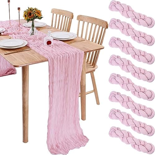 Sajoo Pink Cheesecloth Gauze Table Runner - 13.3ft, 8 PCS Long Boho Sheer Runner for Wedding Decor, Baby Bridal Shower, Birthday Party Decorations