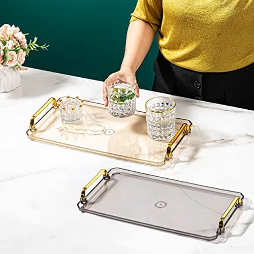 Waltsun Acrylic Serving Tray with Handles Ottoman Countertop Decorative Tray Serving Tray Spill-Proof Tray for Coffee Table Living Room Bedroom16 x 9 x 0.8 inches (Amber) 5