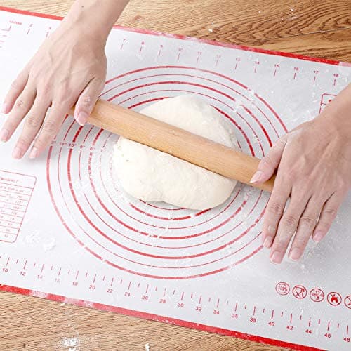 Wood French Rolling Pin for Baking, QUELLANCE Wooden Dough Roller with Silicone Baking Mat, Beech Wood Rolling Pins for Baking Dough, Pizza, Pie, Pastries, Pasta and Cookies,Red Pastry Mat 6