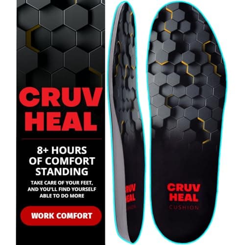 CRUVHEAL Work Comfort Orthotic Insoles - Anti Fatigue Shoe Insert Men Women - Low Arch Support - Shock Absorption - Foot Pain Relief - Work Boot Insoles (M, Black)