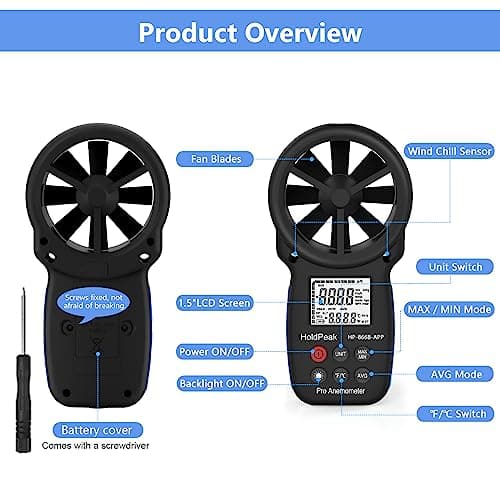 HoldPeak Handheld Anemometer Bluetooth, Digital Wind Speed Gauge Meter, Air Flow Velocity Temperature CFM Measuring Device for HVAC Outdoor Sailing Shooting Golf, 866B-APP 9