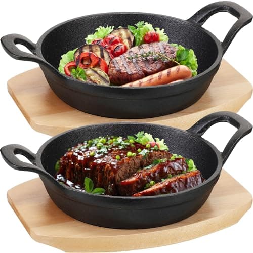 FoldTier 2 Set Mini Cast Iron Skillet Small Cast Iron Plates Skillet with Wooden Base Small Round Pan Heavy Duty Fajita Plate Pot for Baking Cooking for Kitchen Restaurant Barbecue(6.3 Inches)