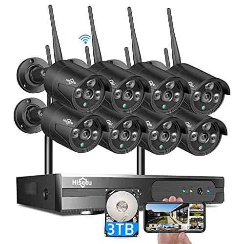 Hiseeu Wireless Security Camera Outdoor, 16CH 5MP WiFi Pro 8-Camera Kit, Wireless Security Camera System, Black Home Safety System, Need Plug-in,Motion, IP66, 3TB Storage, No Monthly Fees