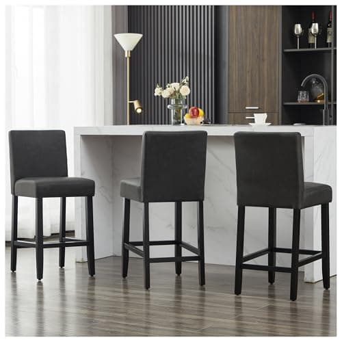 Creek Vista 26'' Faux Leather Bar Stools Set of 3, Modern Upholstered Bar Height Bar Chairs, Soild Wood Legs Barstools with Back, Black
