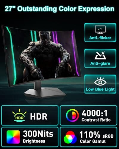 SANSUI 27 Inch Curved 160Hz Gaming Monitor, 1500R Curved Computer Gaming Monitor FHD 1080P, 4000:1, 110% sRGB, FPS/RTS, 1Ms MPRT|FreeSync|HDR|Low Blue Light|HDMI DP| VESA Support, HDMI Cable Incl. 7