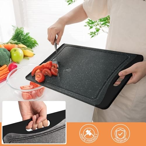 Extra Large Cutting Boards, Plastic Cutting Boards for Kitchen (Set of 3) Cutting Board Set Dishwasher Chopping Board with Juice Grooves Easy-Grip Handles, Dark Grey, Empune 3