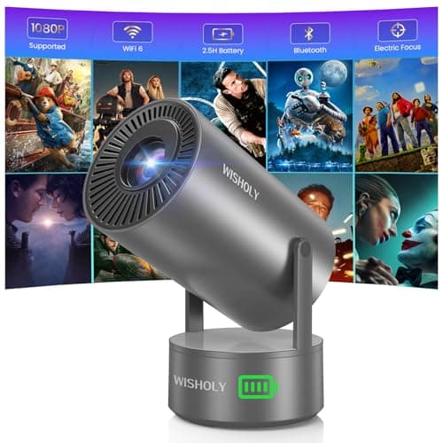 WISHOLY Projector with WiFi and Bluetooth, Mini Portable Projector with Built-in Rechargeable Battery for Outdoor, 1080P Supported, Electric Focus & Auto Keystone, Home Theater with 210° Mount