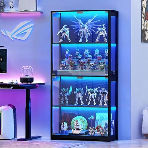 BROTTAR Display Cabinet with Glass Doors, 4-Tier Curio Cabinet with 3 Color Lights for Collectibles, Glass Display Case with Human Body Sensor, Bookcase with 4 Shelves, Storage Cabinets, Black 8