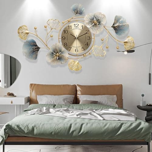 TANWO Large Wall Clock 33 Inch Silent Non-Ticking Decorative Clock Wall Metal Ginkgo Leaf Unique Design Fancy Wall Clock for Living Room, Bedroom, Office, Home, School… 6