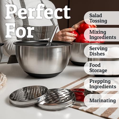 Priority Chef Stainless Steel Mixing Bowls with Lids Set, 3 Grater Attachments, Airtight Lids, Non-Slip Silicone Base Mixing Bowl Set, Large Prep Metal Mixing Bowls for Kitchen, Black 6