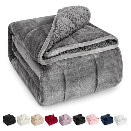 Wemore Sherpa Fleece Weighted Blanket for Adult, 15 lbs Dual Sided Cozy Fluffy Heavy Blanket, Ultra Fuzzy Throw Blanket with Soft Plush Flannel Top, 60 x 80 inches Grey on Both Sides